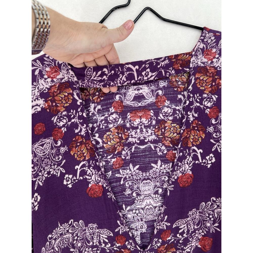 Free People Purple Floral Boho Tunic Top Open Back Bell Sleeve Womens Large - Picture 10 of 12